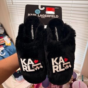 Karl Lagerfeld Kids Black Furry Slippers with Logo.  SOLD OUT